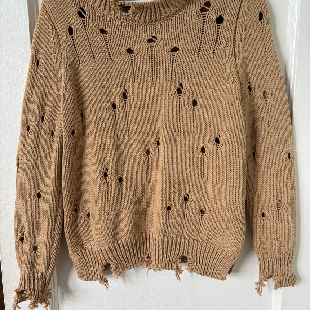 Zara Tan Cowl Neck Sweater with Ribbed Details